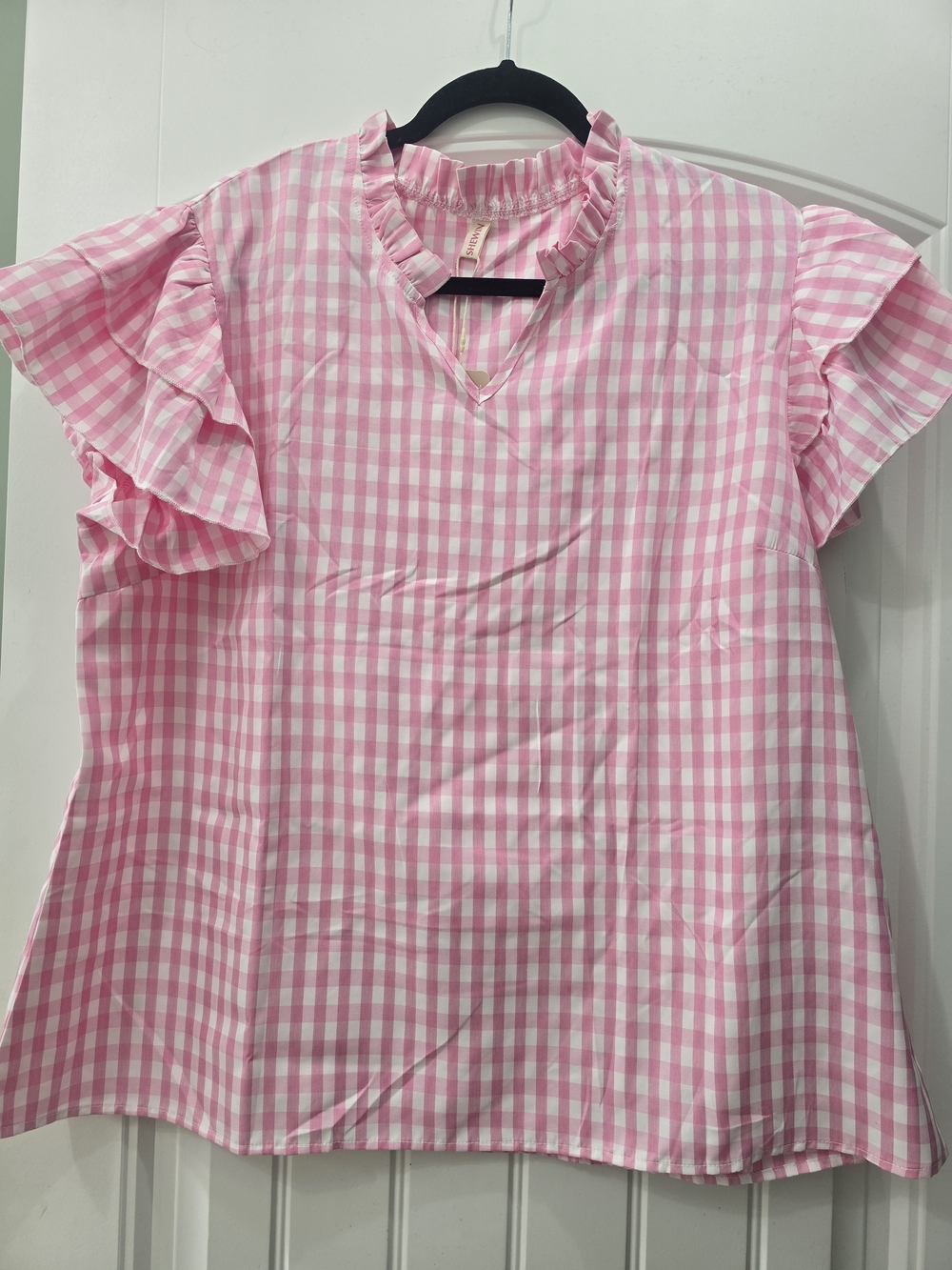 NWT SHEWIN Pink Gingham Ruffle Sleeve Women's Top